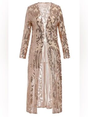 Sparkling Rose Gold Sequin Open Front Long Sleeve Cardigan Duster Size Large
